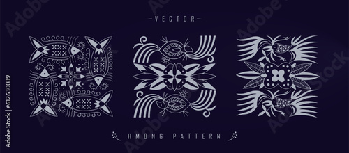 Vector illustration set of three white Chinese Hmong patterns with floral and wildlife elements