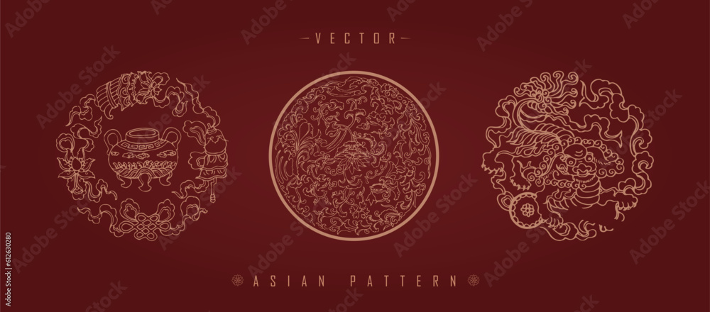 Vector illustration set of three traditional Chinese decorative patterns with floral elements