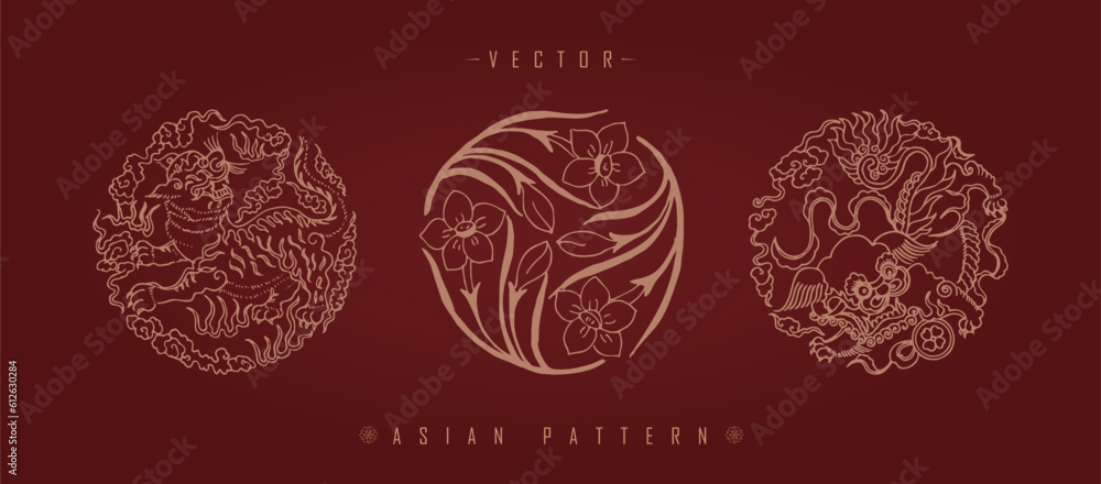 Vector illustration of Asian traditional decorative patterns with floral elements