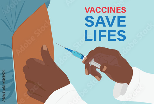 Doctor injecting patient with vaccine. Medical treatment vaccination vector illustration. National vaccination day concept.