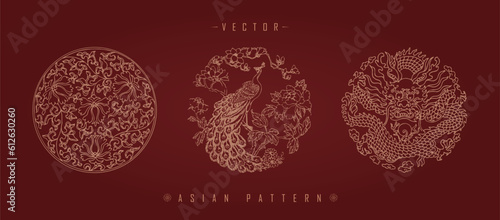 Vector illustration of Asian traditional decorative patterns on a burgundy background