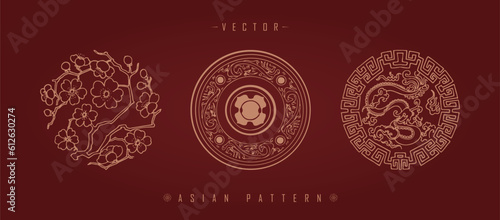 Vector illustration set of three traditional Chinese decorative patterns with floral elements