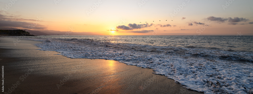 Sunset Ocean Birds Inspirational Nature Landscape Banner