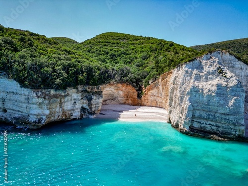 (4K) Drone shot of a little cove next to Fteri Beach, Kefalonia, Cephalonia, Greece
