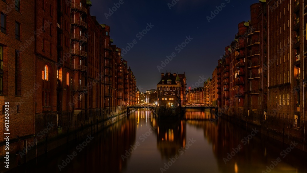 Beautiful view of the unique and spectacular architecture of Hamburg in Germany at night