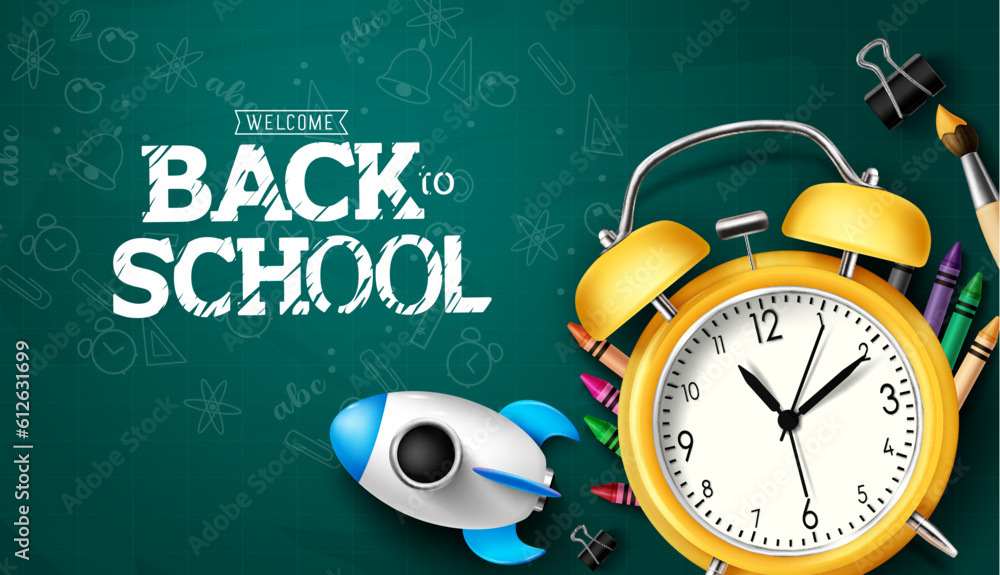 Back to school vector background. School greeting text in chalkboard with alarm clock and education supplies element. Vector illustration educational design. Back to school vector background. School greeting text in chalkboard with alarm clock and education supplies element. Vector illustration educational design.