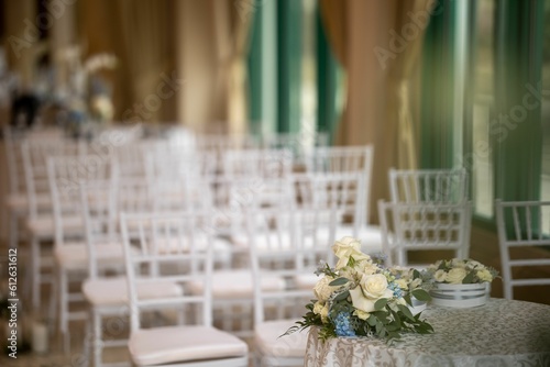 Interior of wedding styling and decor table with flowers  chairs blurred background