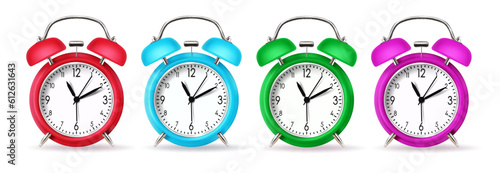 School alarm clock vector set design. Alarm clock and timer in red, blue, green and purple elements isolated in white background. Vector illustration school element collection.