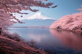 Tourist attraction Mount Fuji and cherry blossoms near Lake Yamanaka in Yamanashi Prefecture Japan