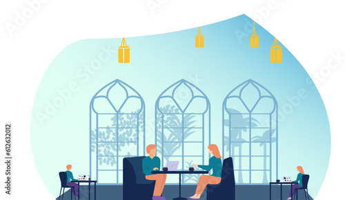 People working and eating in cafe with big window. Cartoon characters sitting at cafe tables and having tea and chatting and working. Vector illustration for cafe or restaurant interior concept