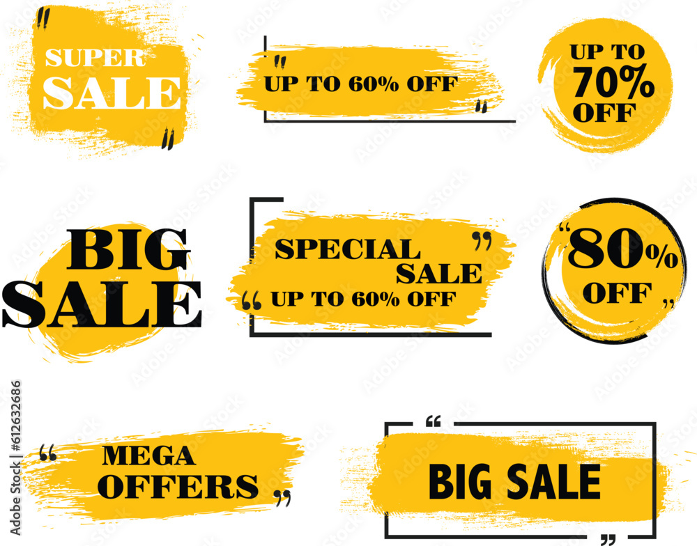Digital render of a set of yellow sale and discount icons
