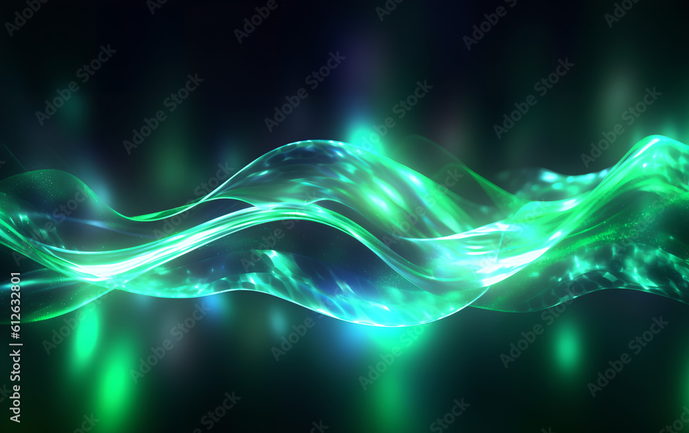Abstract green colorful neon light waves traveling at highspeed. Neon background futuristic. Generative AI.