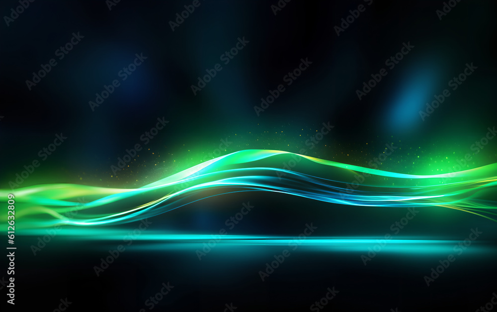 Abstract green colorful neon light waves traveling at highspeed. Neon background futuristic. Generative AI.
