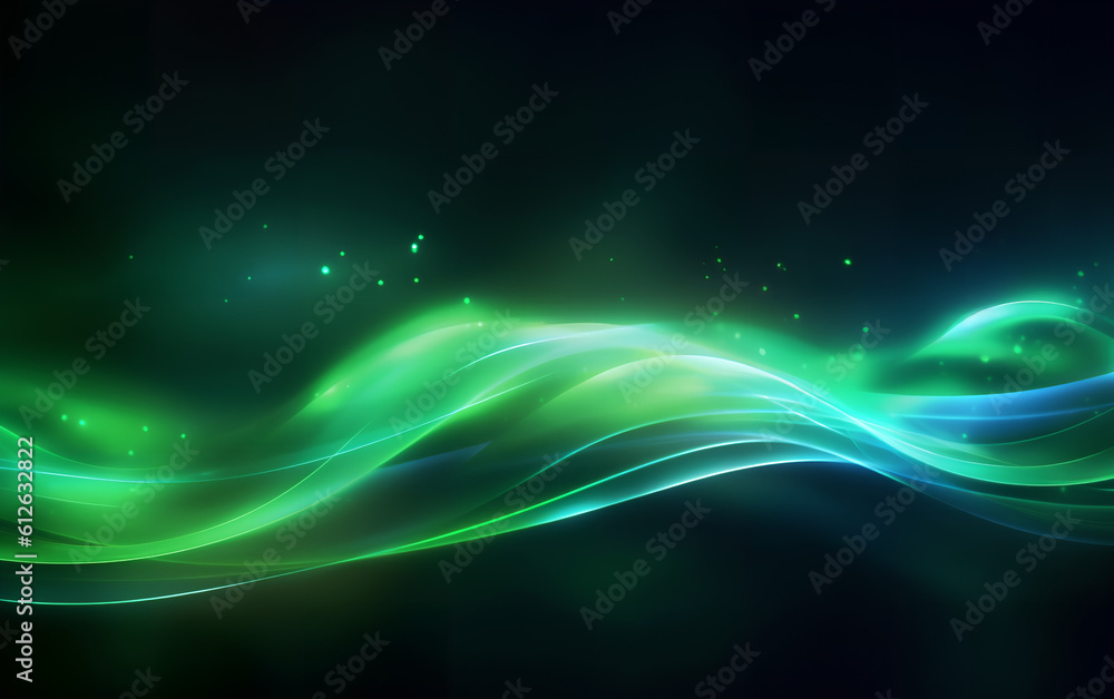 Abstract green colorful neon light waves traveling at highspeed. Neon background futuristic. Generative AI.