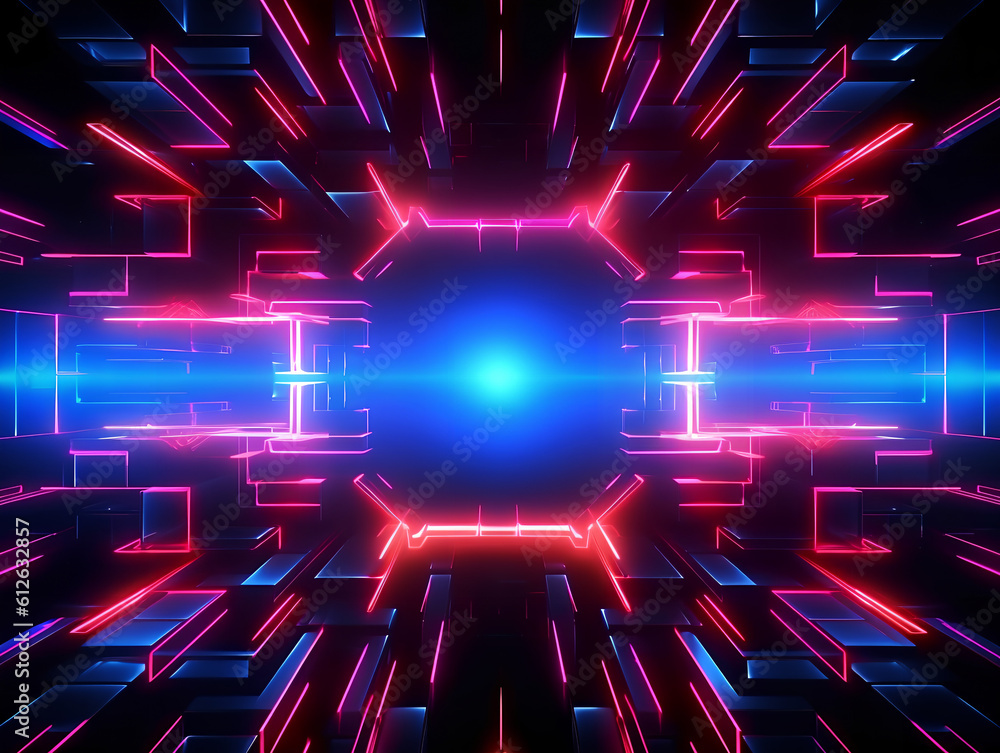 Abstract colorful neon light waves traveling in space time. Neon background texture. Generative AI.