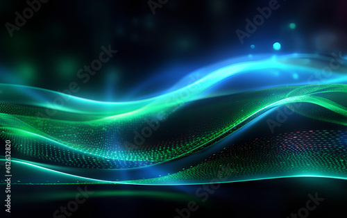 Obraz na płótnie Abstract green colorful neon light waves traveling at highspeed. Neon background futuristic. Generative AI. w salonie