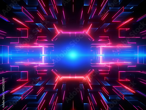 Obraz na płótnie Abstract colorful neon light waves traveling in space time. Neon background texture. Generative AI. w salonie