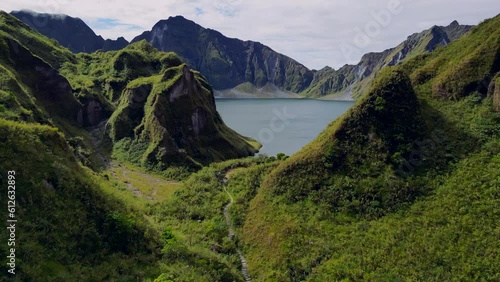Drone footage of the crater lake of Mount Pinatubo in the Philippines
