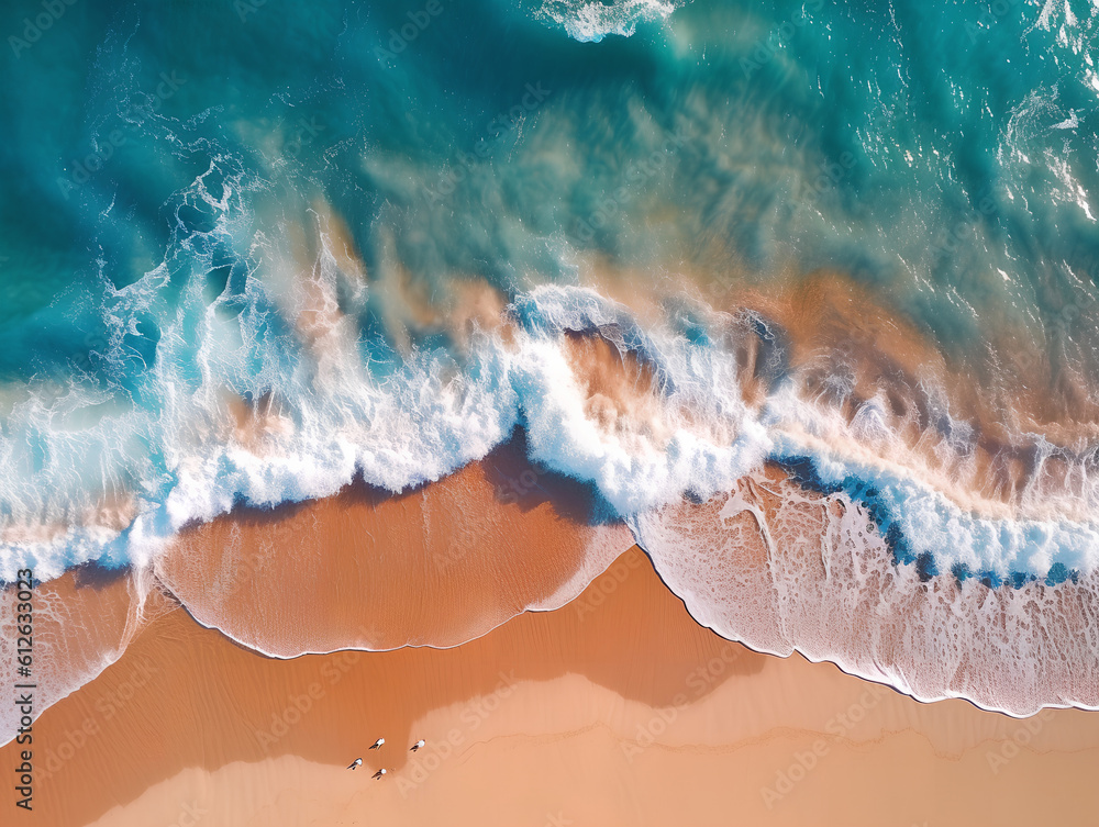 Beautiful top view drone shot of ocean waves on the beach. Waves over the sand top view. Generative AI.