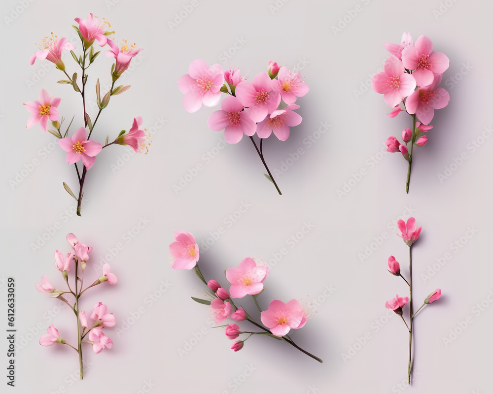 Pink flowers isolated in white background. Generative AI.