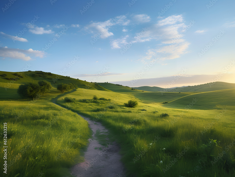 Morning dawn over hilly green field with winding path and cloudy blue sky. Generative AI.