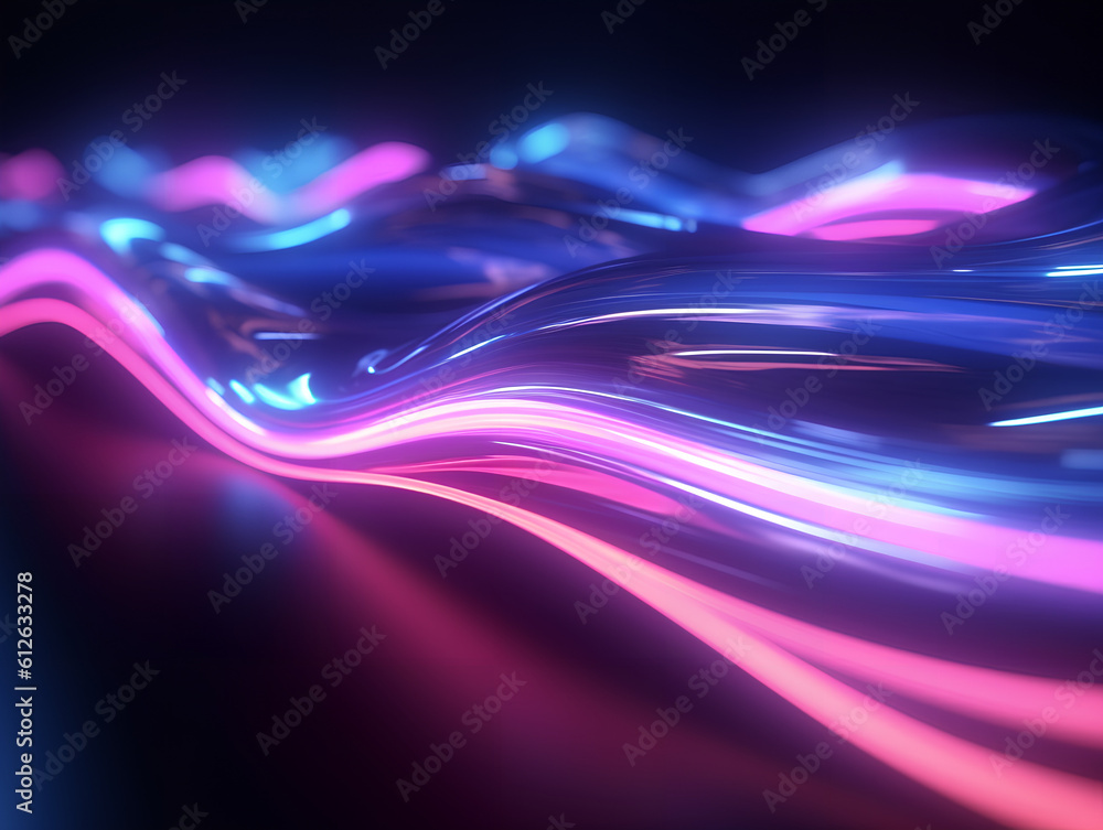 Abstract colorful neon light waves traveling at highspeed. Generative AI.