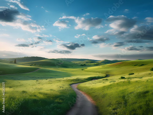 Morning dawn over hilly green field with winding path and cloudy blue sky. Generative AI. © Mauricio