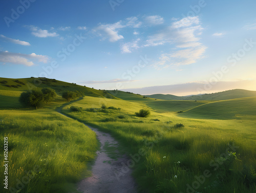 Obraz na płótnie Morning dawn over hilly green field with winding path and cloudy blue sky. Generative AI. w salonie