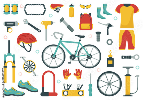 Cycling and Bicycle Tool Set Vector Illustration of a Mechanic Repairing Bicycles in a Workshop with Spare Parts in Flat Cartoon Hand Drawn Template