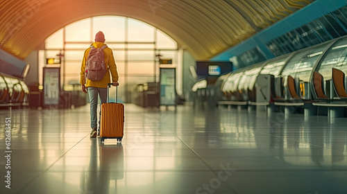 Passenger walking at the airport with suitcase. Generative AI