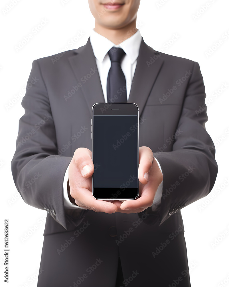 Businessman dressed in a suit and tie, well dressed, holding a smartphone with both hands isolated on white background. Generative AI.