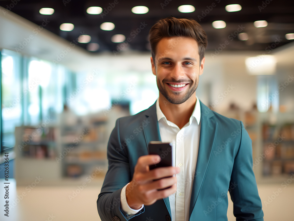 Happy businessman using his smartphone, within a lively office environment. Photograph of a happy businessman holding a smartphone, office background. Generative AI.