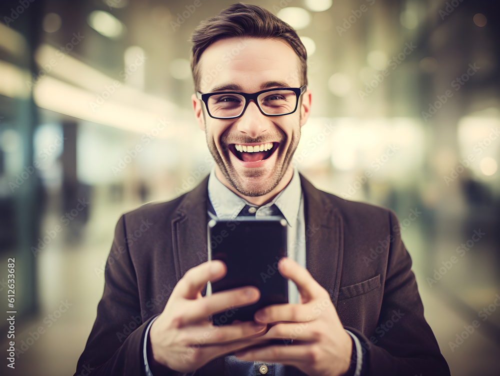 Happy successful businessman using his smartphone, within a lively office environment. Photograph of a happy businessman holding a smartphone, office background. Generative AI.