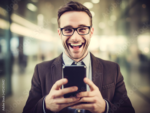 Obraz na płótnie Happy successful businessman using his smartphone, within a lively office environment. Photograph of a happy businessman holding a smartphone, office background. Generative AI. w salonie
