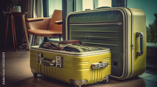 Preparation travel suitcase at home. Generative AI © nornie