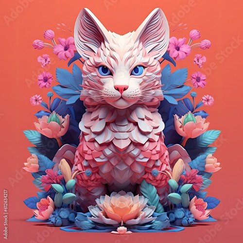 a colorful 3d cat with pink flowers all around it Generative Ai