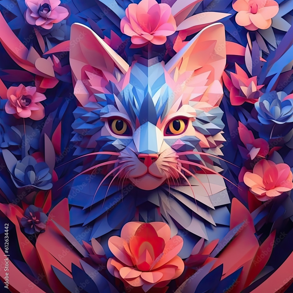 a colorful 3d cat with pink flowers all around it Generative Ai a colorful 3d cat with pink flowers all around it Generative Ai