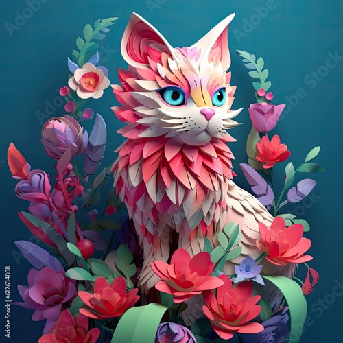 a colorful 3d cat with pink flowers all around it Generative Ai