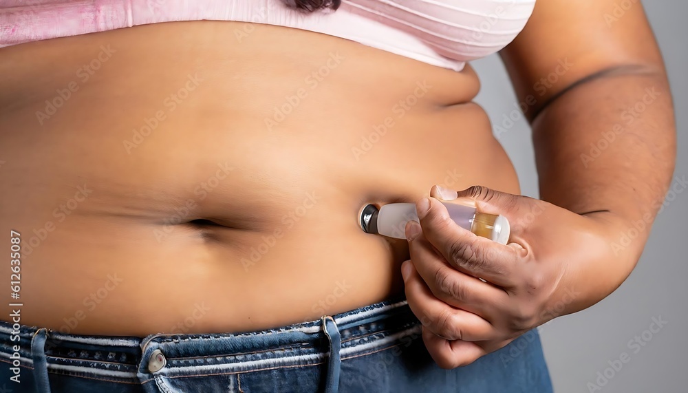 Overweight black woman applying diabetes medicine injection into her belly. Generative AI.