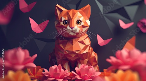 a colorful polygonal cat sitting on an orange flower Generative Ai