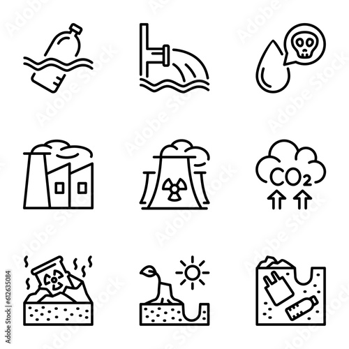 pollution line icons set. nuclear, warming, pollution, gas, problem, atmosphere, damage, dust, global, smoke, factory, carbon, eco, outline, dioxide, effect, radiation, chemical, industrial