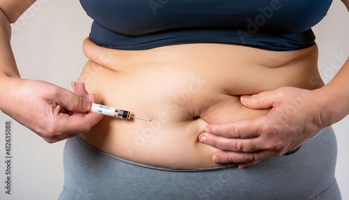 Overweight woman applying diabetes medicine into her stomach. Generative AI.