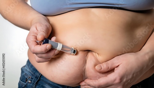 Obraz na płótnie Fat woman applying diabetes medicine into her belly. Generative AI. w salonie