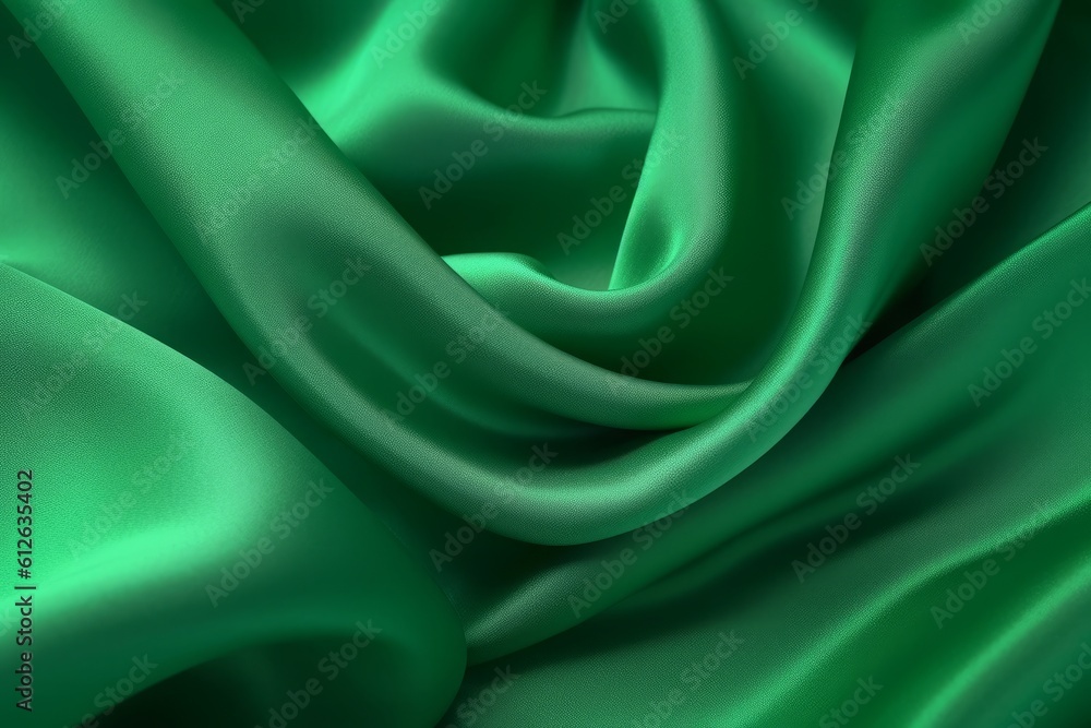 Obraz premium Texture, background, pattern. Texture of green silk fabric. Beautiful emerald green soft silk fabric. Generative AI