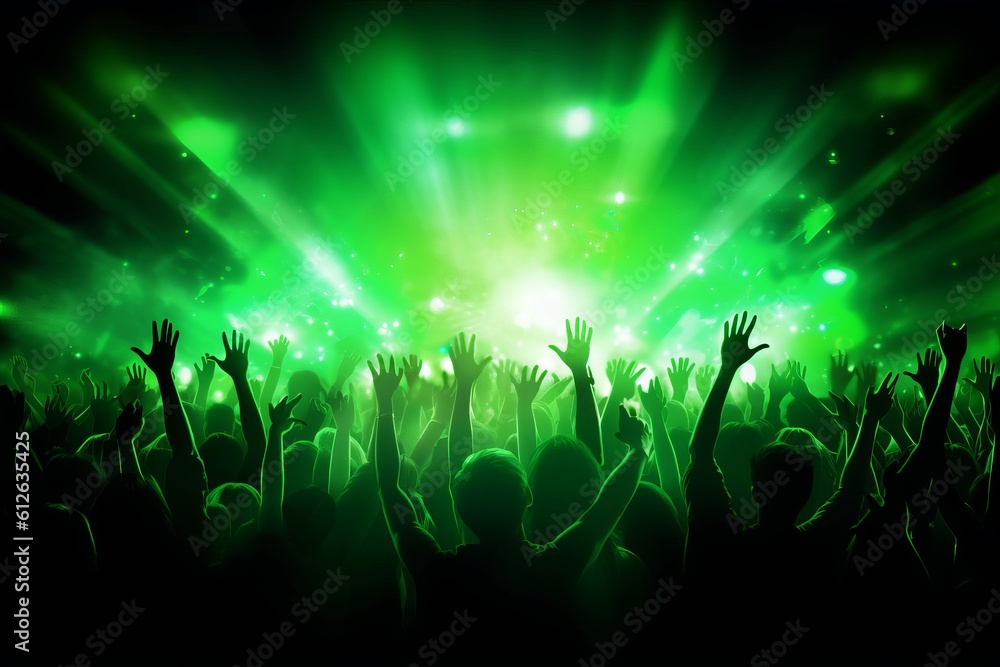 Night club party crowd hands up. Green Light. Generative AI Night club party crowd hands up. Green Light. Generative AI