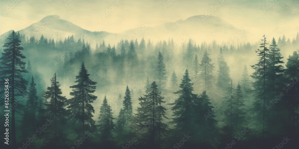 Misty landscape with fir forest in hipster vintage retro style. Generative AI