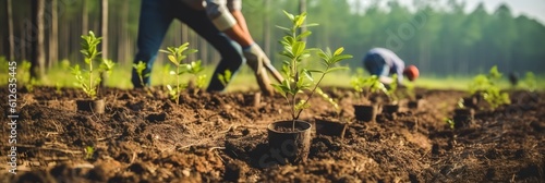 Back shot of environmental activists planting trees and restoring a degraded ecosystem. Generative AI