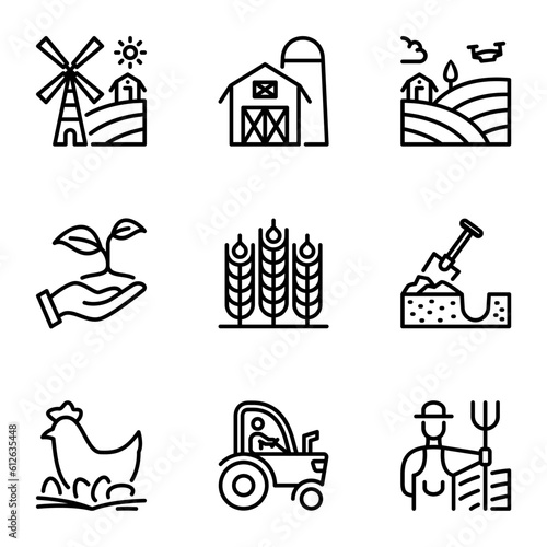 farm line icons set. warehouse, grow, land, eco, outline, machine, tool, growth, hat, graphic, windmill, grain, livestock, farmland, farming, harvest, hen, farmer, gardening, tractor