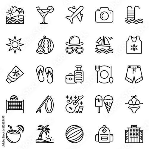 summer line icons set. traveling, graphic, pool, goggles, swimming, camera, ball, pictogram, sand, plane, luggage, tour, backpack, sailboat, umbrella, sunglasses