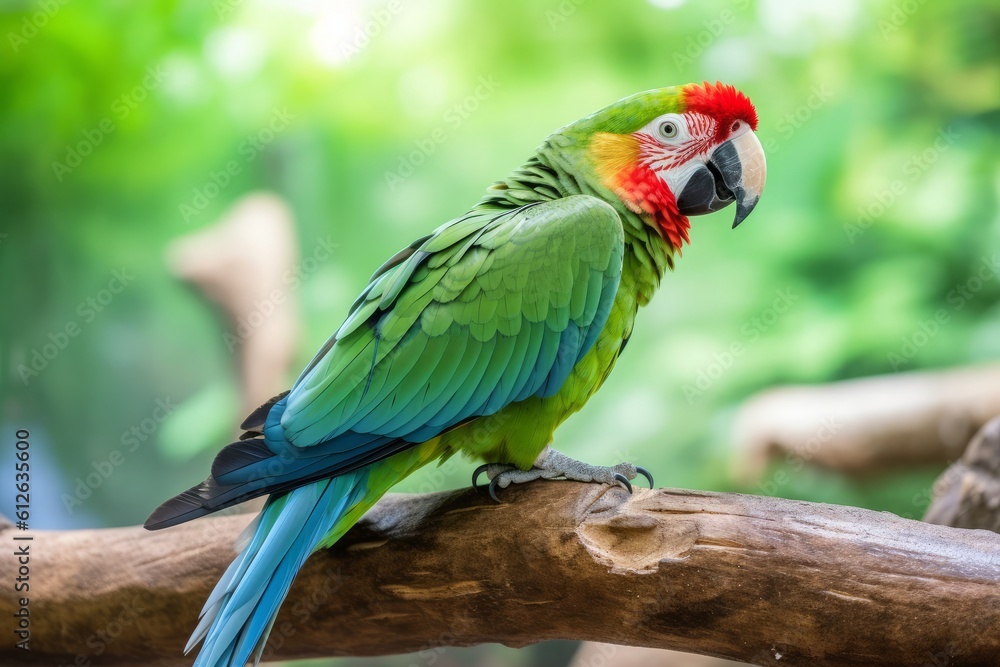 Green parrot Great-Green Macaw, Ara ambigua. Wild rare bird in the nature habitat, sitting on the branch in Costa Rica. Generative AI